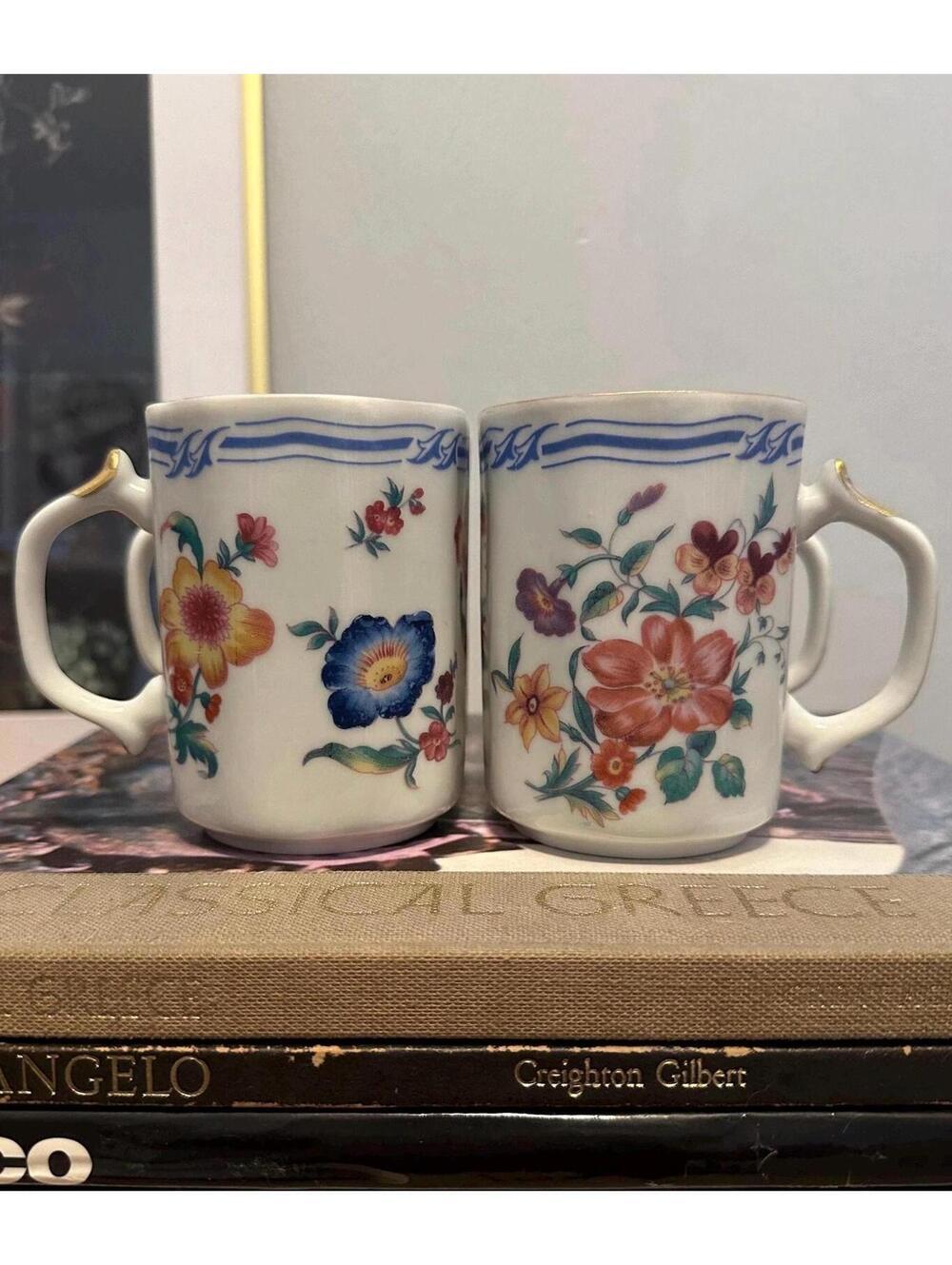 4 Vintage English Floral Porcelain Mugs W/ Gold Rim Cottagecore Coffee Cups